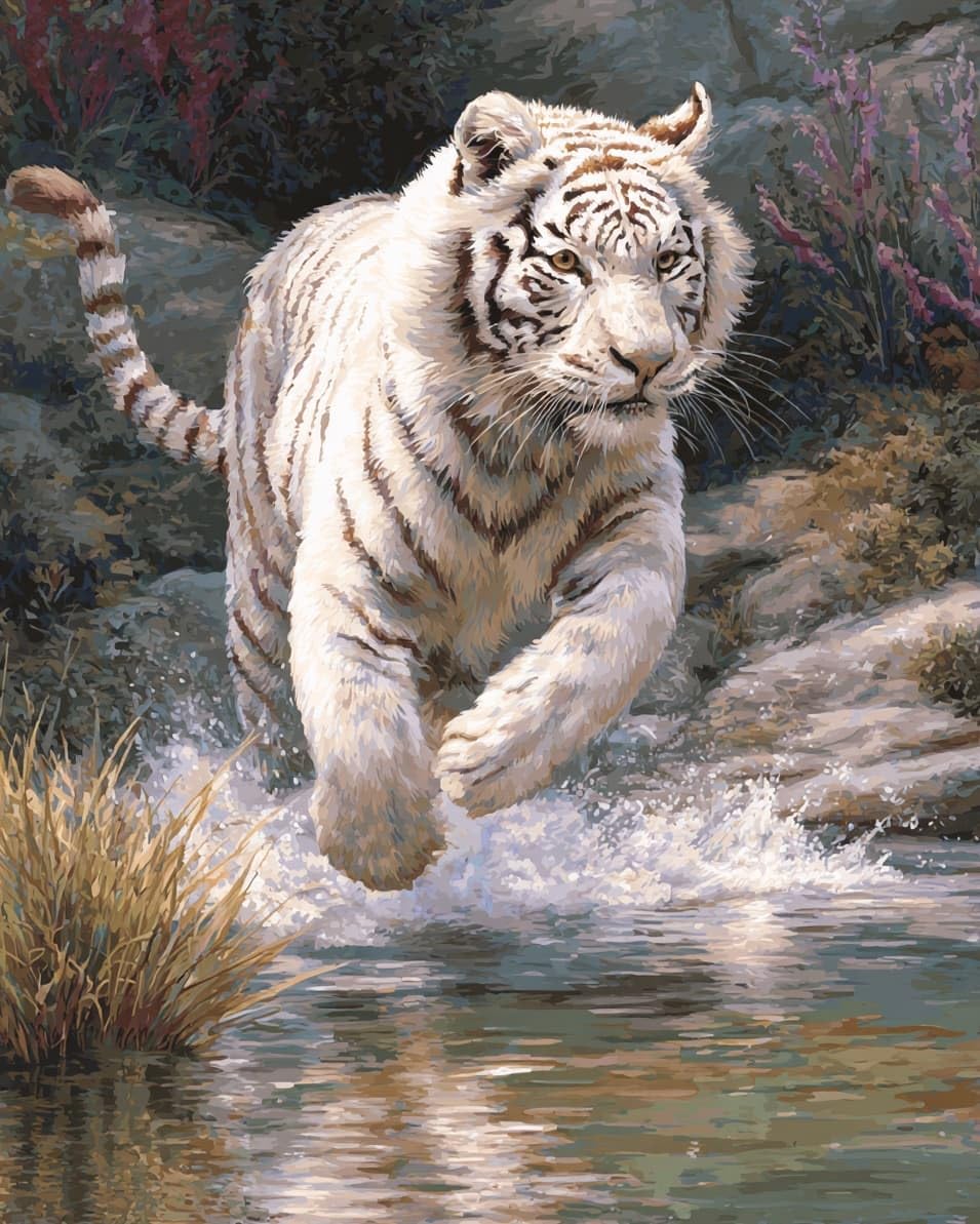 WallustrioaW Embroidery Kit for Beginners,A Running White Tiger,Cross Stitch Kit with Pattern and Instructions,11CT Hand Crafts Embroidery for Adults,40x50cm