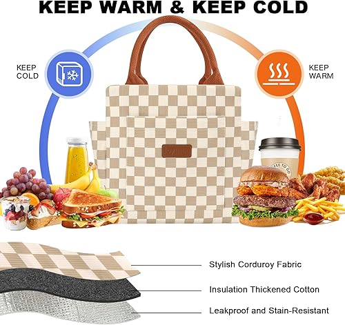 Miniatura 3 de Joymee Lonchera térmica para mujeres, lonchera de pana a cuadros, reutilizable, a prueba de fugas, bolsa de almuerzo de gran capacidad para mujeres,