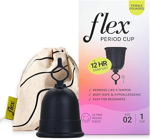 FLEX Kit de inicio de copa menstrual (Full Fit - Tamaño 02) Copa menstrual reutilizable + 2 discos menstruales gratis Tira para fácil remoción