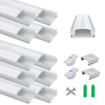 LightingWill 10-Pack 1 m/3.3 ft LED Aluminium Profile, Silver U-Shape LED Channel with Milky White Diffuser, End Caps and Mounting Clips for LED Strip Lights