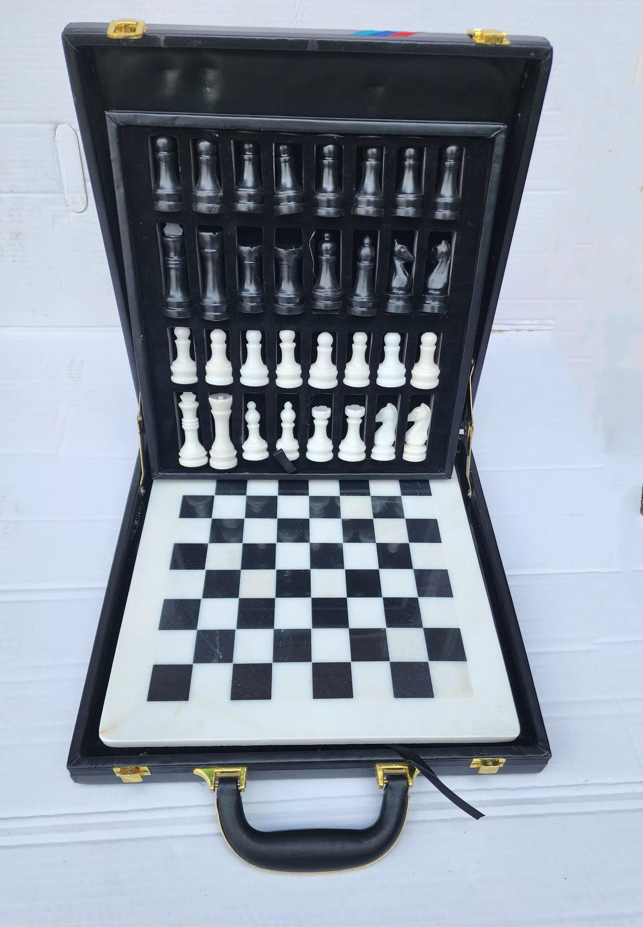 12 Stylish Marble Chess Set 2 Player Board Game for Adults Handcrafted stone Board & Marble with Faux Leather/Velvet briefcase gift box Chess ideal for Home Decor (Faux Leather, White-Black)
