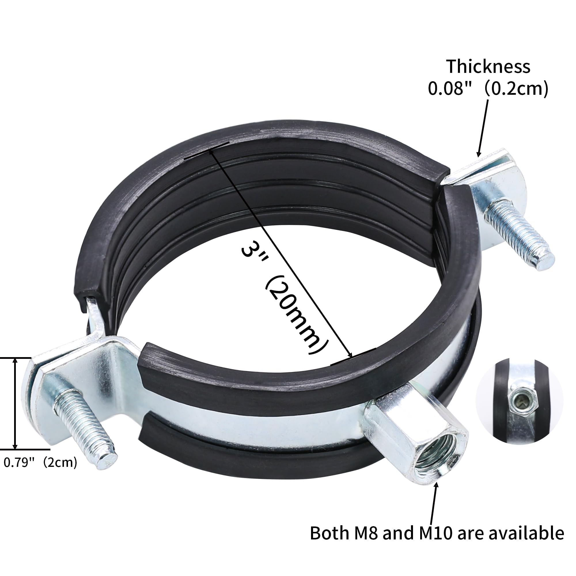 Gancio di supporto staffa morsetto for tubo con gomma M8 M10 femmina for diametro esterno 20-160 mm 2 pezzi(50mm)