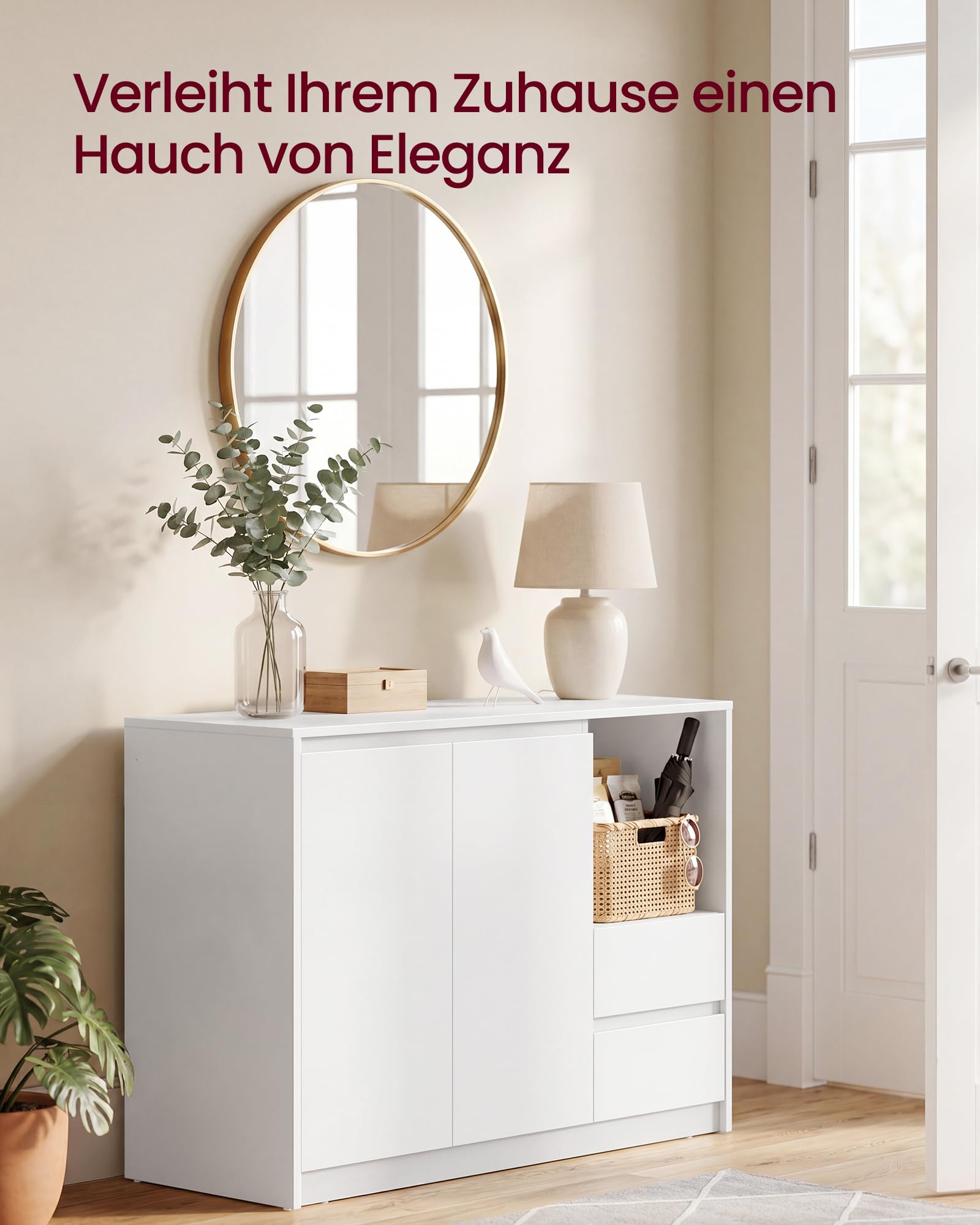 VASAGLE Aufbewahrungsschrank, Sideboard, Küchenschrank mit Türen, höhenverstellbare Ablagen, 3 Schubladen, modern, 40 x 103,3 x 74 cm, für Wohnzimmer Küche Arbeitszimmer, weiß-grau BBK273W21