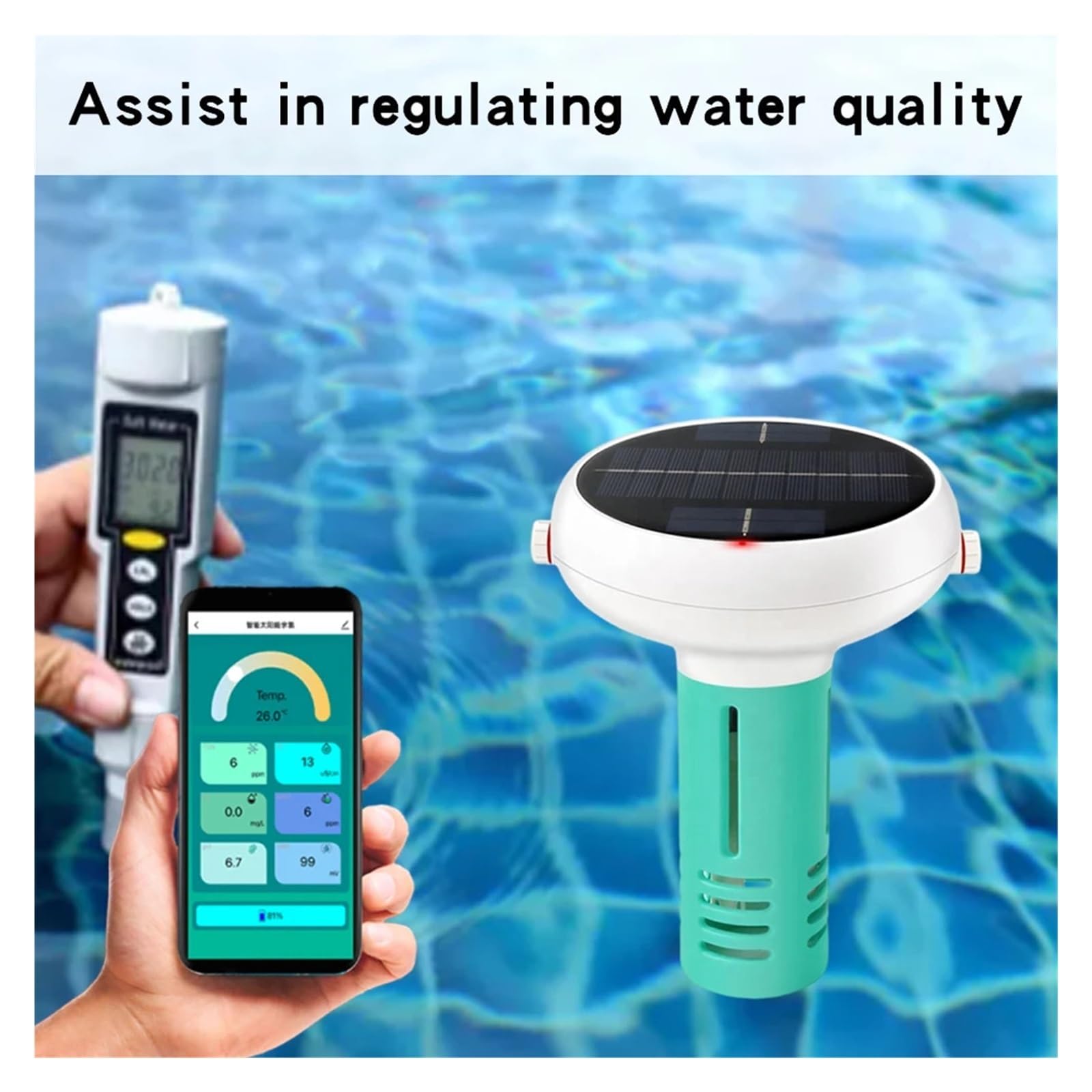 Tester ph wody, Inteligentny miernik chloru 7 w 1 PH/ORP/EC/TDS/Temp/CL/Sól Miernik testowy Woda basenie Dane czasie rzeczywistym, do wody pitnej, akwariów itp
