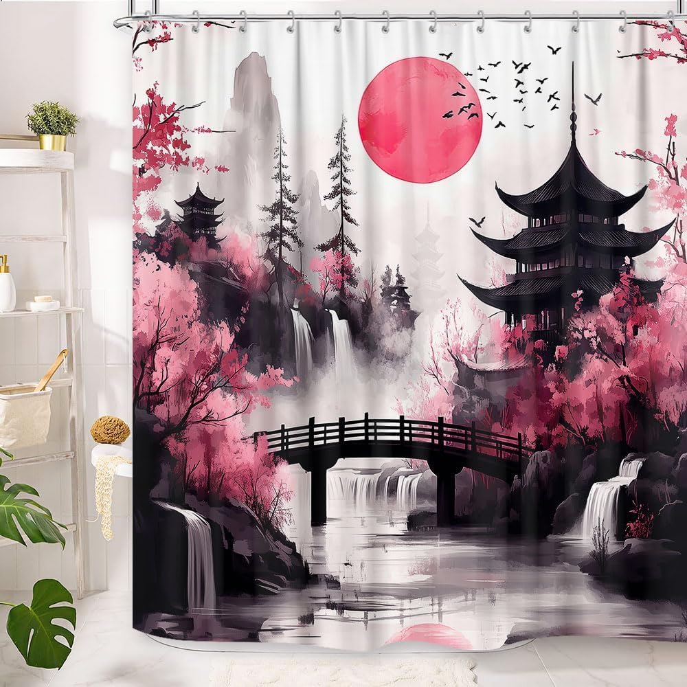 GOAOK Japanese Anime Shower Curtain, Cool Watercolor Japan Cherry Blossom Floral Mountain Sun Asian Oriental Abstract Ink Art Shower Curtain Black and Pink Bathroom Decorative with 12 Hooks, 72"×84"