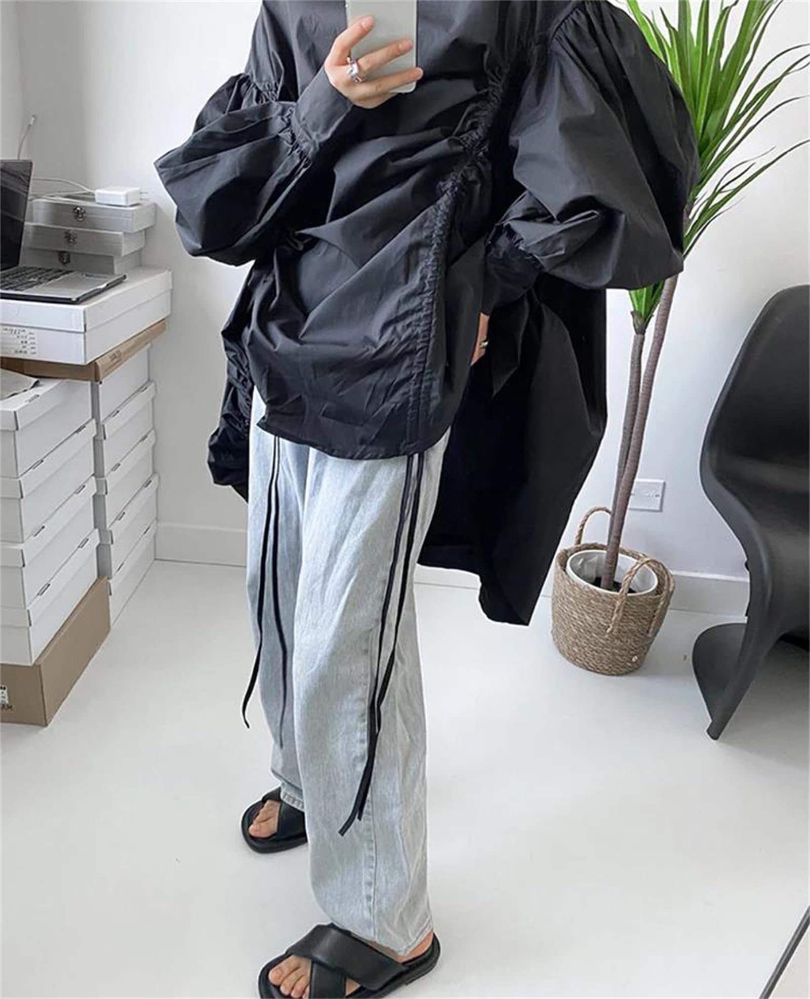 Genérico Blusa Holgada de Manga Larga con Cuello Alto y cordón Irregular para Mujer, Talla Grande, para Oficina y Trabajo (Talla única, Negra)