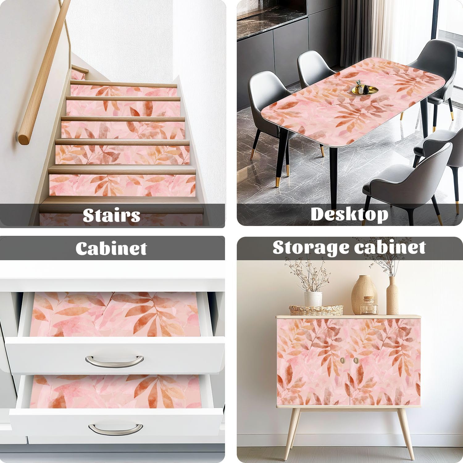 Rivestimento autoadesivo per mensole e armadi, motivo foglia rosa e arancione, effetto acquerello, 45 cm x 3 m, carta da parati autoadesiva per mobili da cucina e cassetti