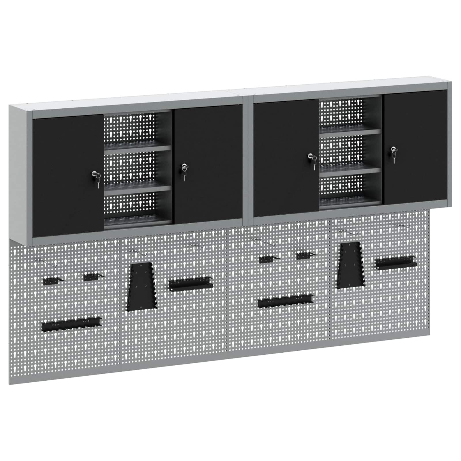 Lot de 6 armoires à outils en acier revêtu par pulvérisation - Montage mural - 200 x 20 x 115 cm - Avec étagères en métal - Plaques perforées - Pour atelier, garage, système de rangement