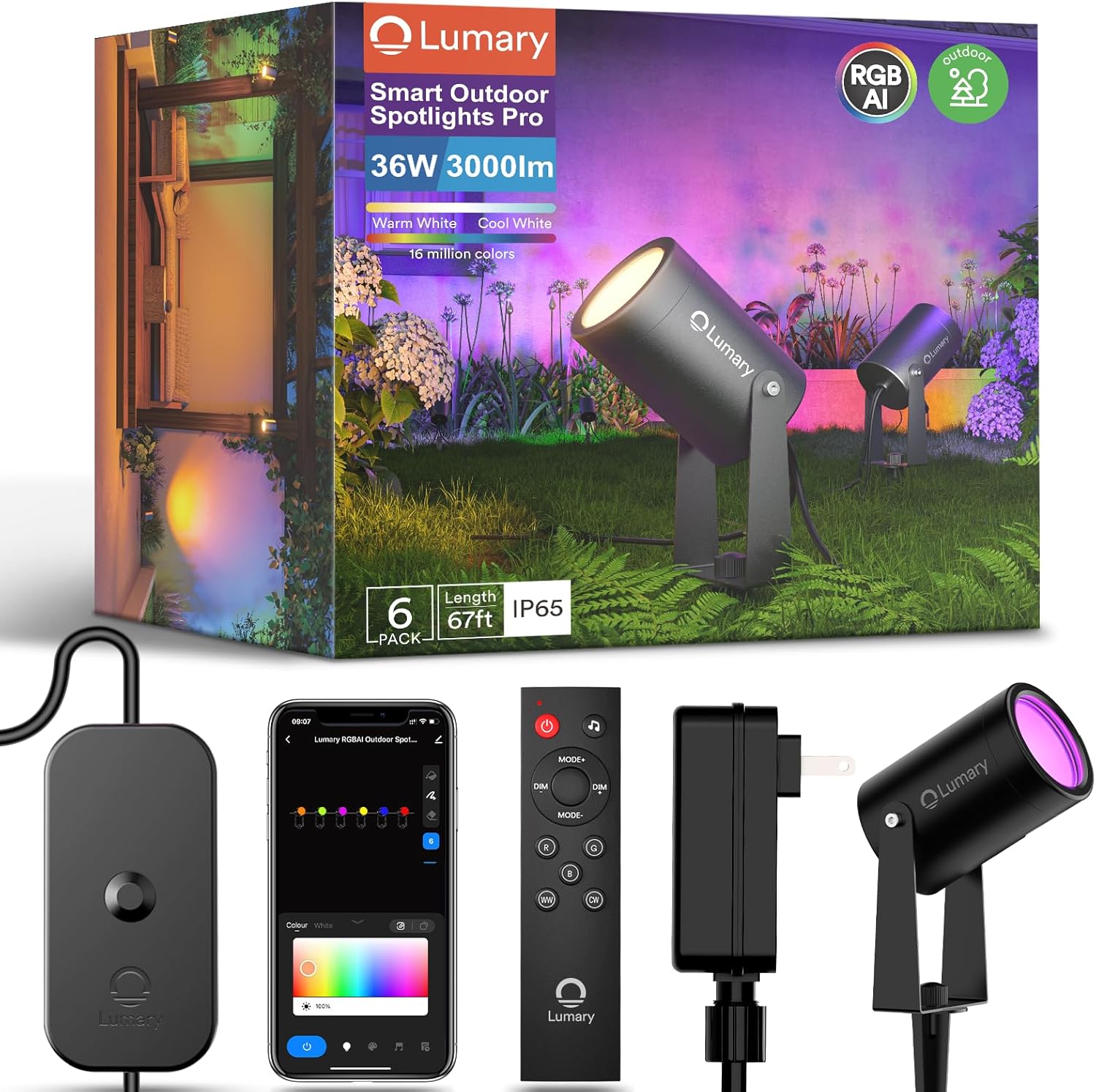 Lumary Smart Landscape Lights Pro package contents including spotlights, control box, remote, and power adapter.