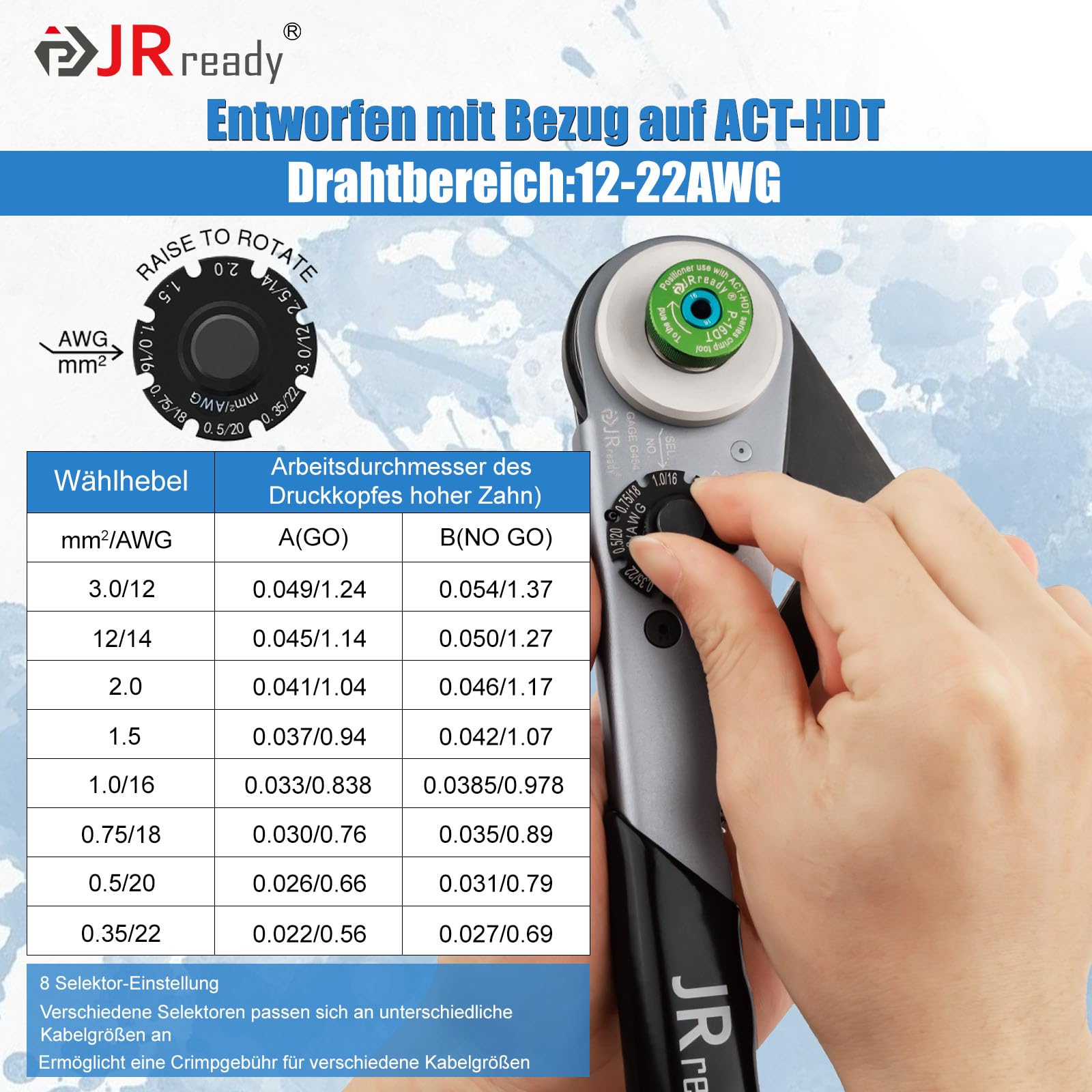 JRready ST2180 Deutsch Crimpzange, DT,DTM,DTP Steckverbinder Crimpzange mit drei Positionierern, 0.35-3mm² ACT-HDT Crimpwerkzeug für Auto