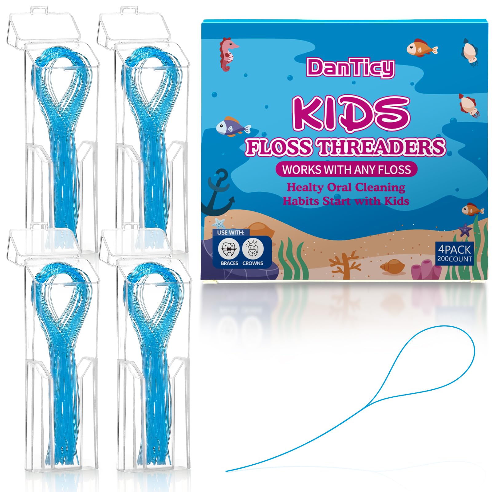 Preteen Kids Floss Threaders Deep Clean Orthodontic Threader Floss for Braces Bridges and Implants 200PCS 4Pack