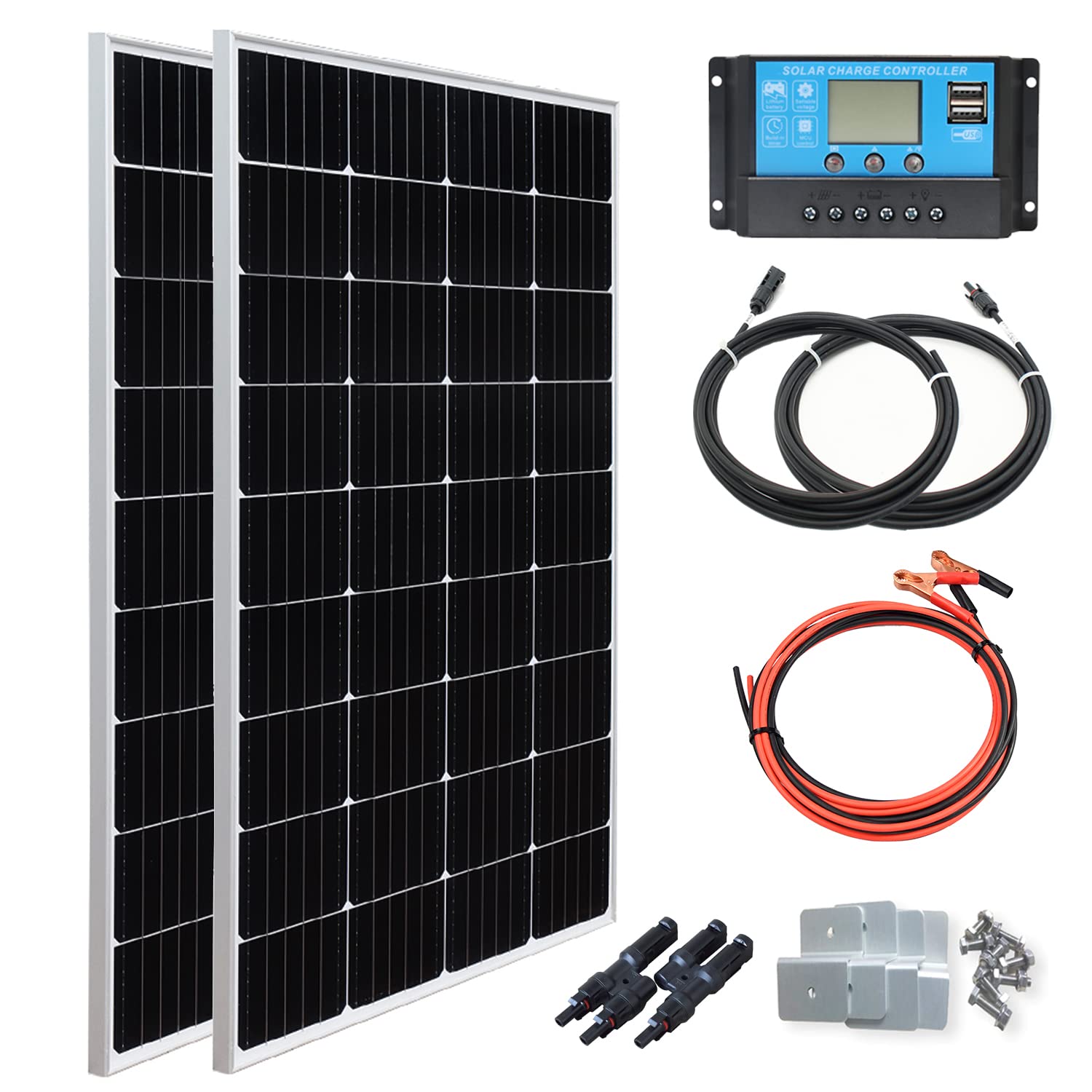 XINPUGUANG 300w Solar Panel Off Grid Kit 2pcs 150 Watt Monocrystalline Photovoltaic Solar Module 30A Charge Controller for Motorhome, Balcony, Boat, Campervan, Car, Caravan, 12v Battery (watts, 300)