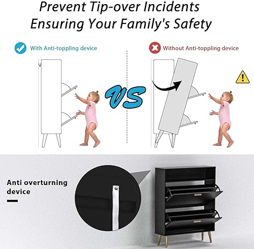 Miniatura 7 de NOVAMAISON Armario de zapatos delgado para entrada, armario de zapatos negro con 2 puertas abatibles y estante, armario de almacenamiento de zapatos