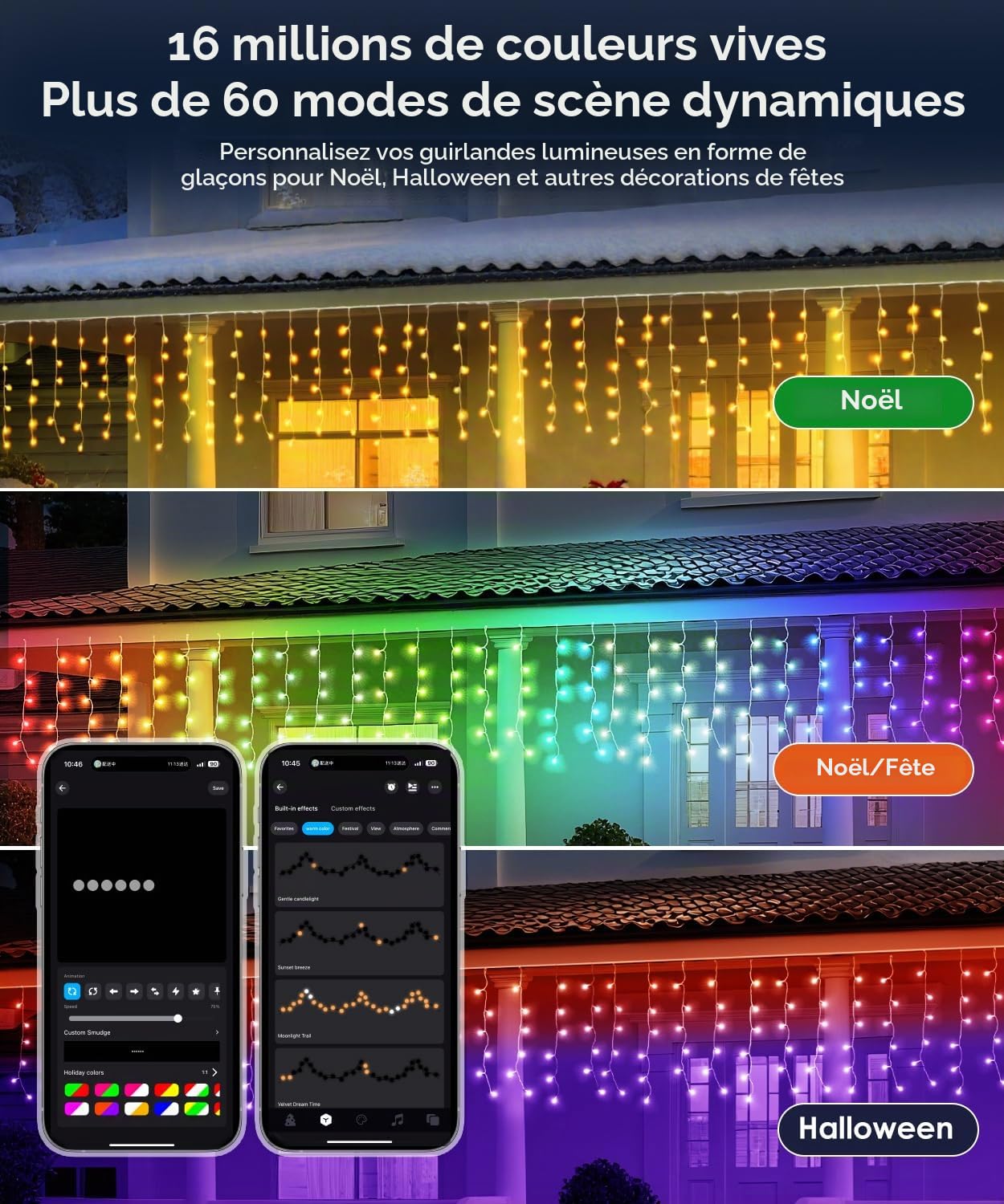 Quntis Rideau Lumineux Noel Exterieur avec APP & Télécommande, 5M×0.6M Rideau LED Lumineux Intelligentes, 16 Millions de Couleurs & 60+ Modes Guirlande Lumineuse Rideau, Luminosité Réglable
