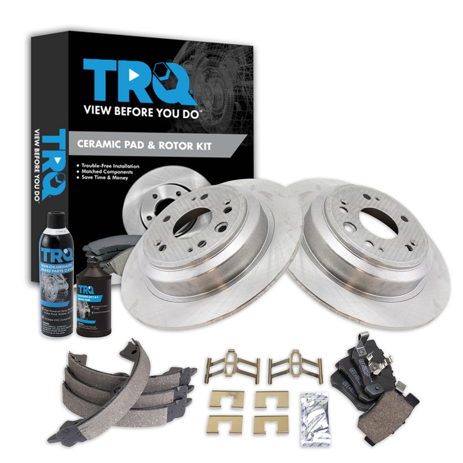 TRQ Rear Brake Pad &amp; Rotor Kit, with Chemical Kit Parking Brake Shoe Set Ceramic Compatible with 2010-2011 Honda Accord Crosstour 2012-2015 Crosstour