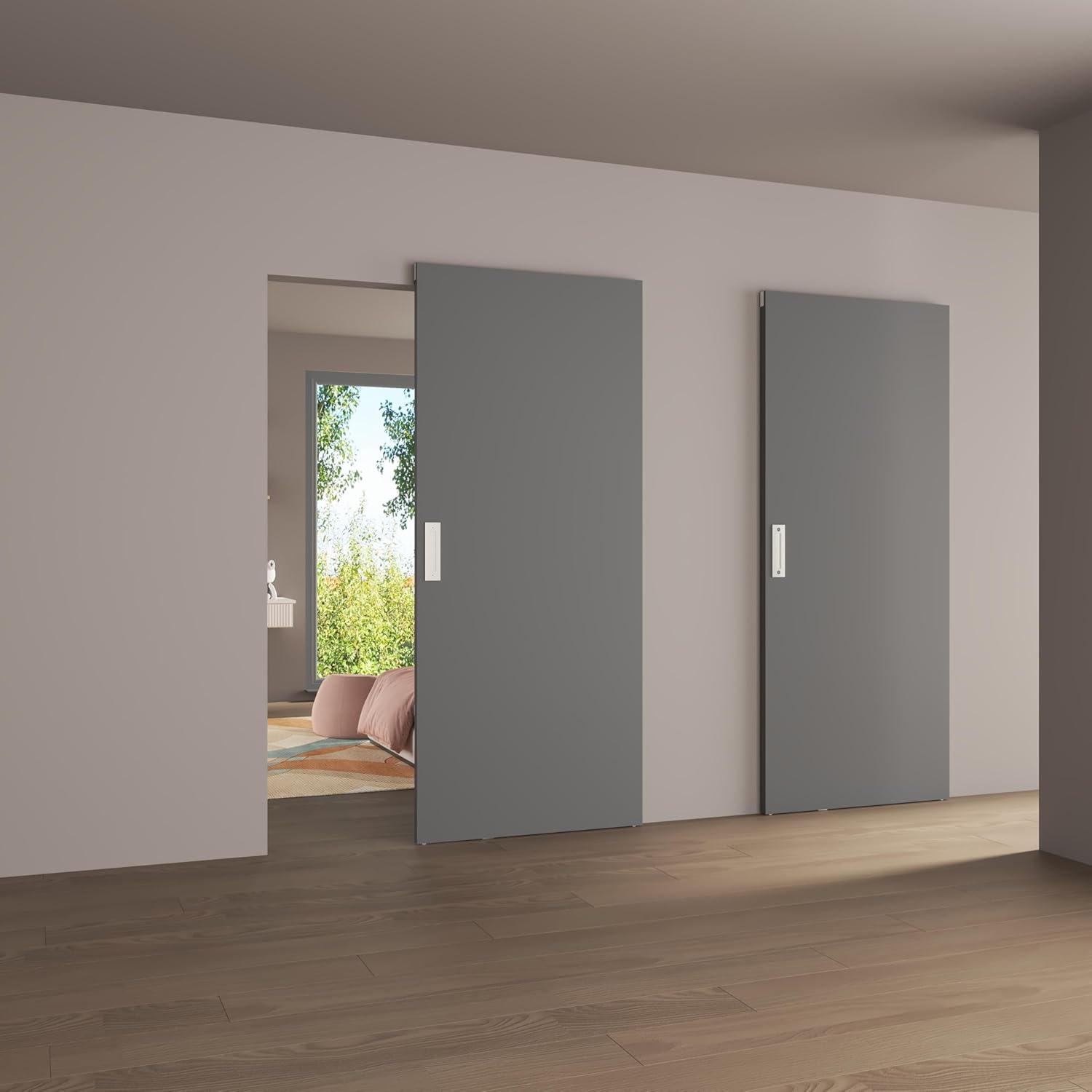 JUBEST 42"x84" Flush Solid Core White Primed Concealed Sliding Hidden Barn Door with Soft Close Installation Hardware and Double Sided Pulls Included