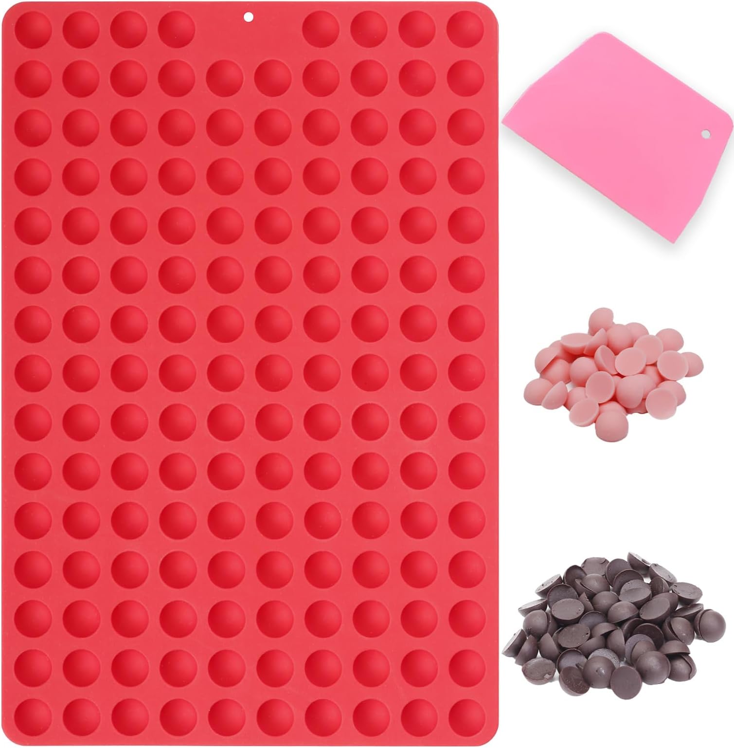 Mini Round Silicone Molds, 148 Cavities Semi Sphere Chocolate Candy Mold for Baking and Freezing Chocolate Chip/Gumdrop/Cookie/Dog Treat/Cake Decor/Fruit Snack (with a Scraper)