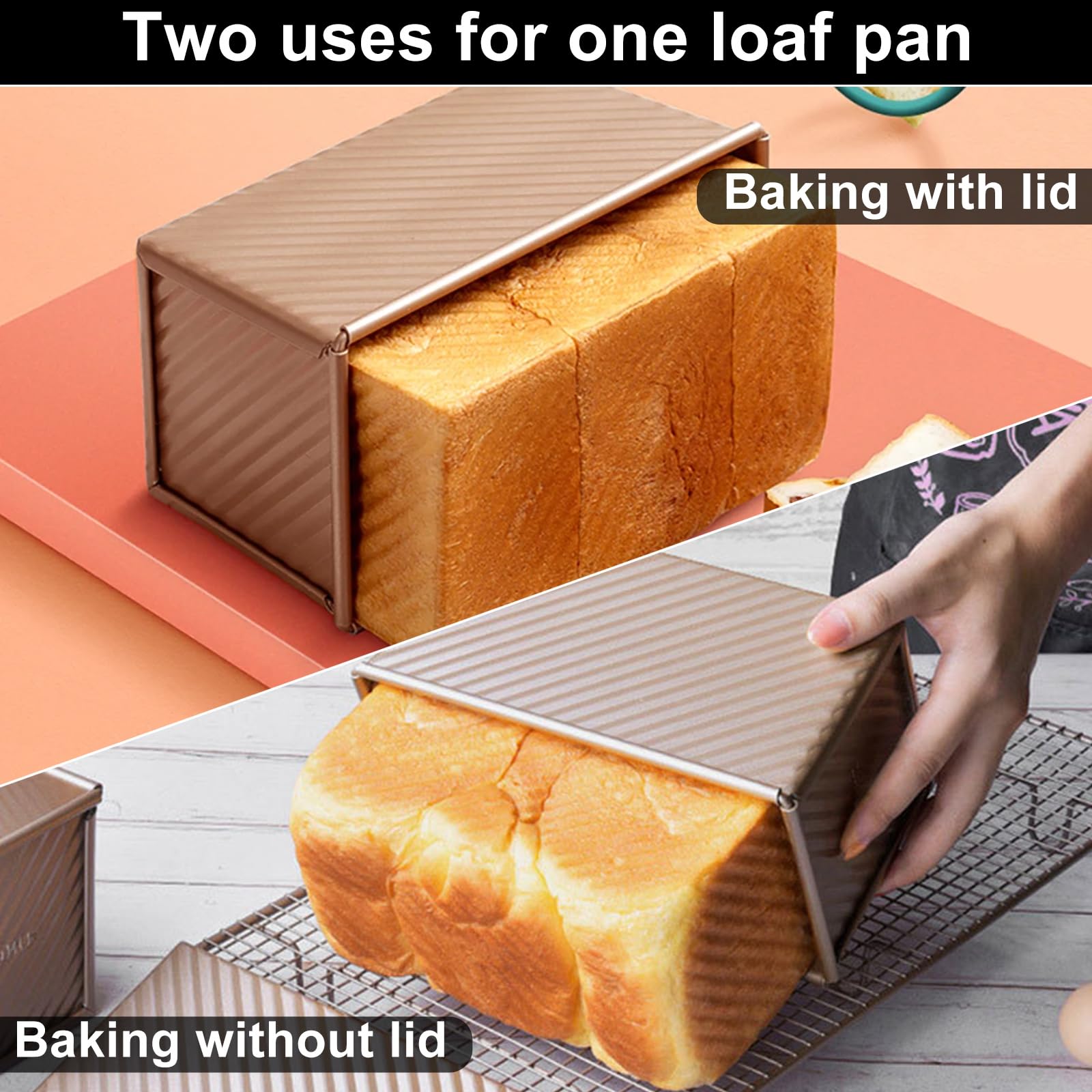 Acrux7 Paquete de 2 moldes para pan con tapa, capacidad de masa de 1 libra antiadherentes para hornear pan, caja de pan corrugado de acero al carbono con tapa para hornear pan, con juego de
