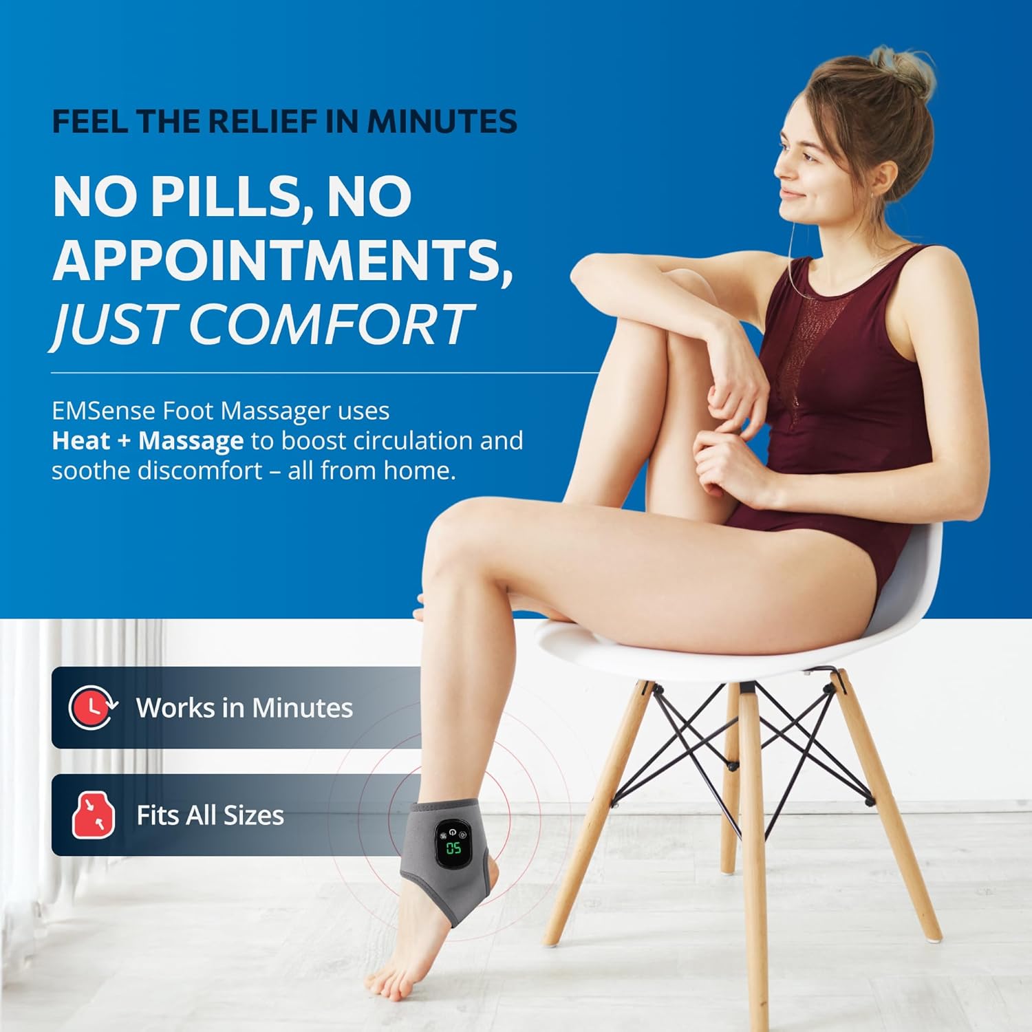 EMSense Triple Therapy Foot Massager | 3 in 1 Cordless & Portable Massager with 3 Vibration Modes & 3 Heat Levels - 1 Pack