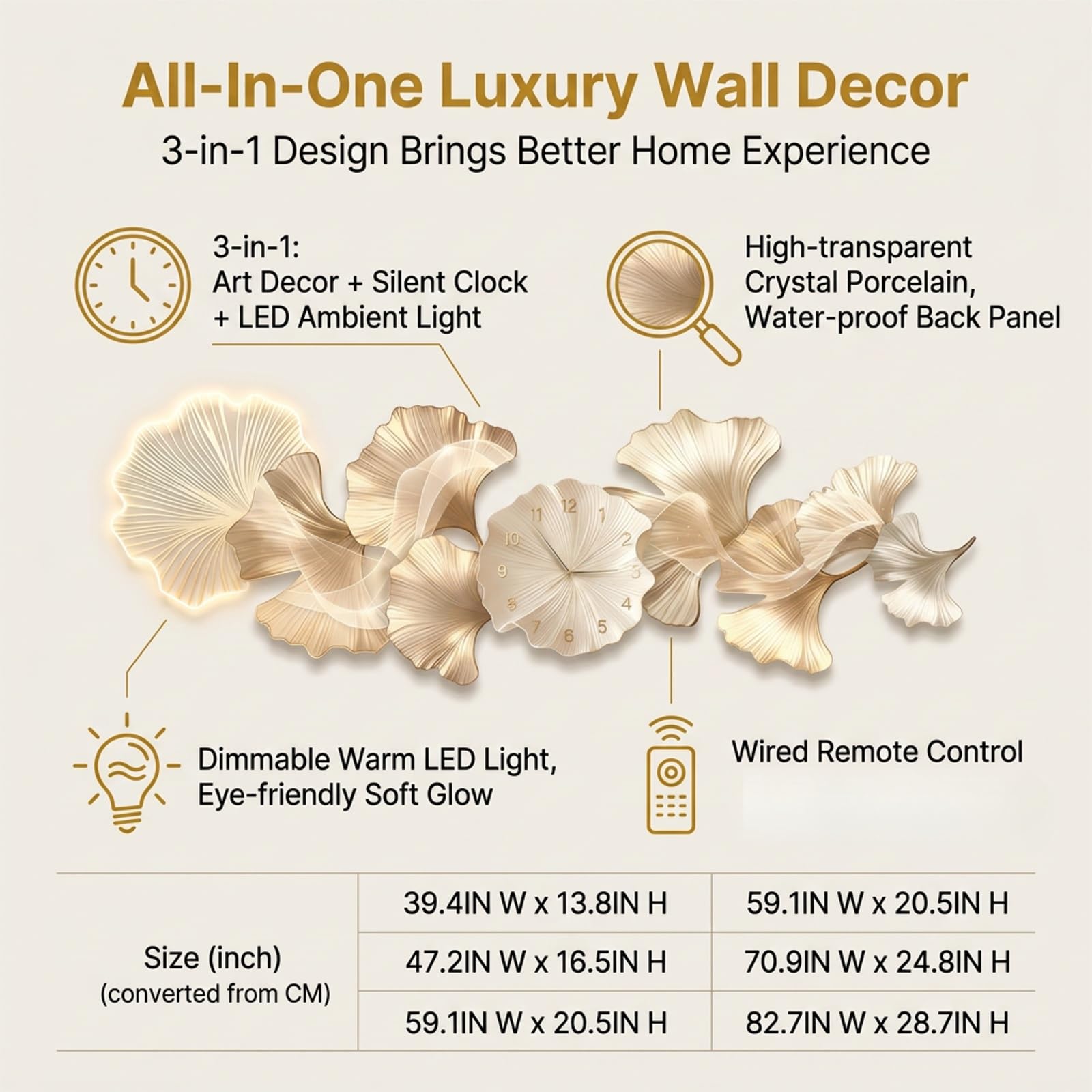 Orologio da Parete 3D con Luce LED e Foglie di Ginkgo Biloba Decorativo | Design 3D stratificato, Retroilluminazione LED calda, Orologio silenzioso, Decorazione(A-LED,39.4*13.8in)