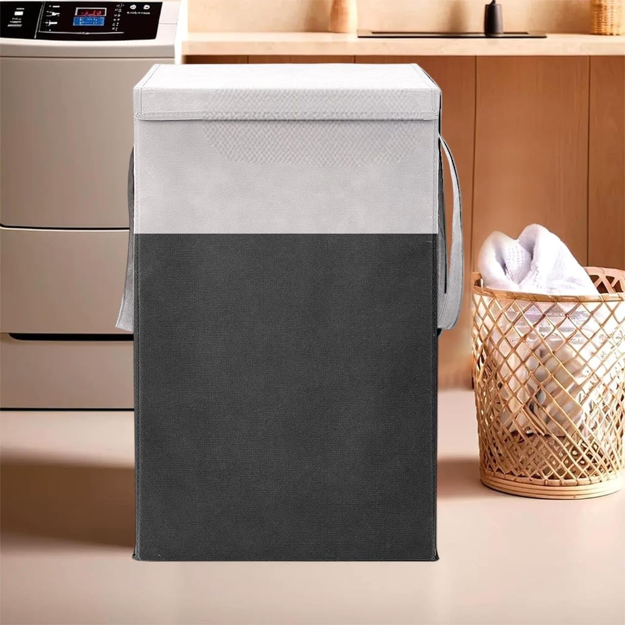 HomeSpire (75 LTR) Clothes Basket Toy Storage Box | Foldable Laundry Bag | Lid & Handles | Clothes Dress Bin | Washing Cloth Basket | Dhakkan Box|Black-image-14
