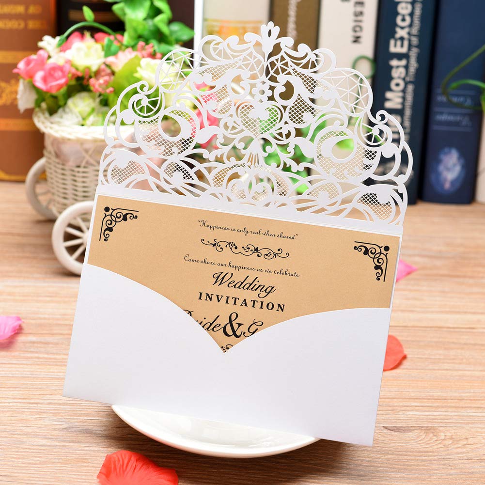 Kit de invitaciones de boda cortadas con láser con sobres y hojas interiores para bodas, fiestas de cumpleaños, baby shower, 50 paquetes, 12 x18cm, Blanco
