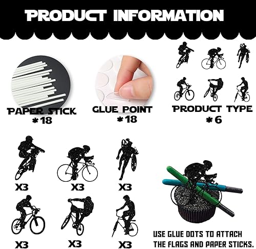 Miniatura 4 de 18 piezas de purpurina negra para bicicleta, postre, cupcake, decoración para ciclismo, deportes de montaña, suministros de decoración para baby