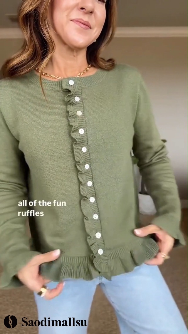 Saodimallsu Womens Ruffle Cardigan Sweaters Button Up Crew Neck