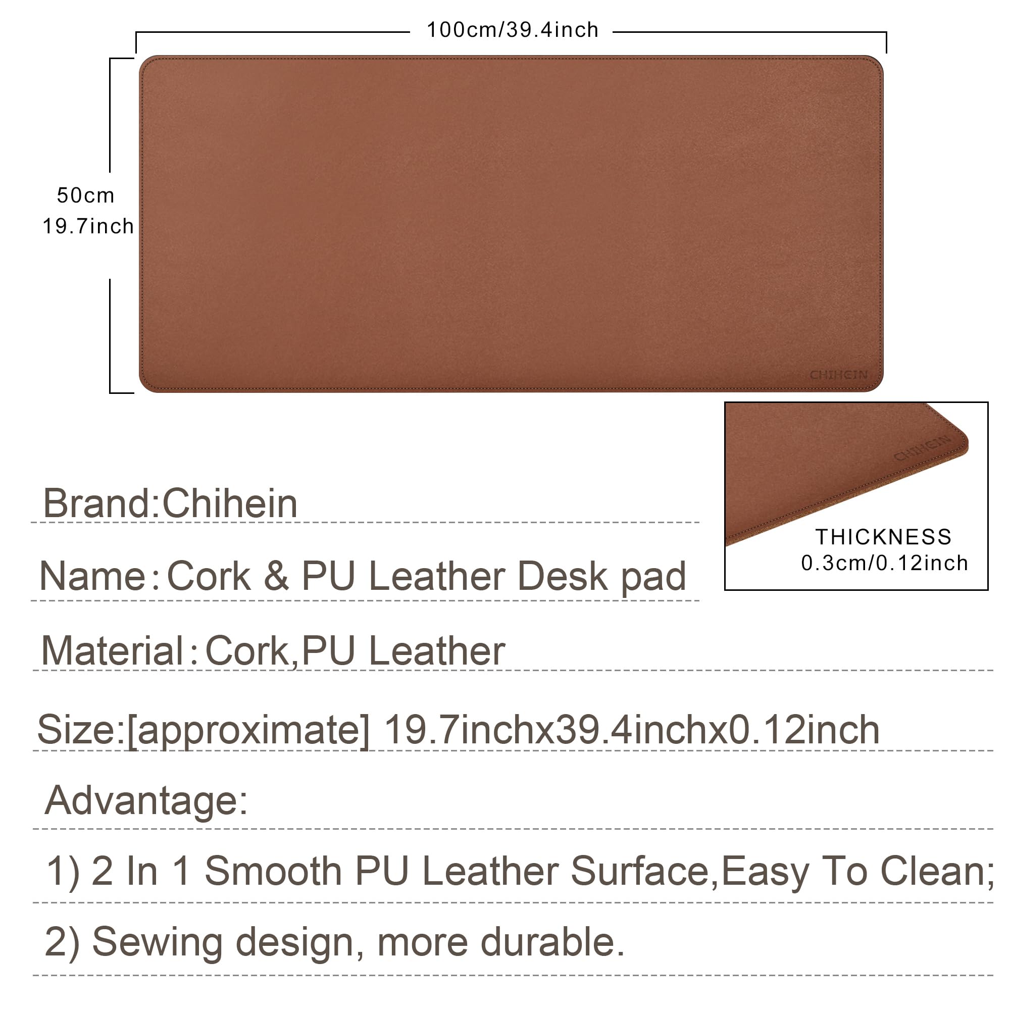 Chihein 100 x 50 cm - En cuir synthétique - Tapis de protection de table pour ordinateur portable - Pour le bureau et le bureau à domicile (marron/liège)