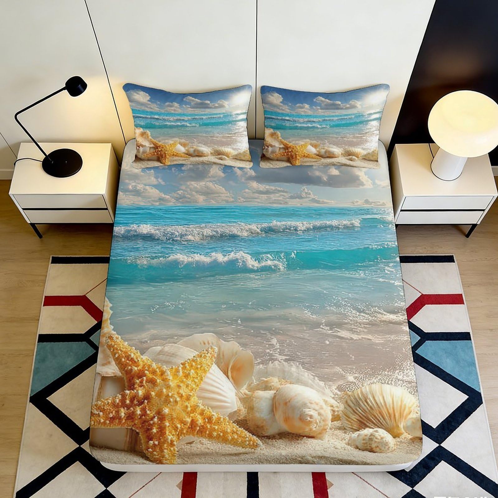 3D Printed Ocean Beach Fitted Sheet Microfiber Soft Starfish Seashell Mattress Cover for Bedroom Decor 90x200x25cm