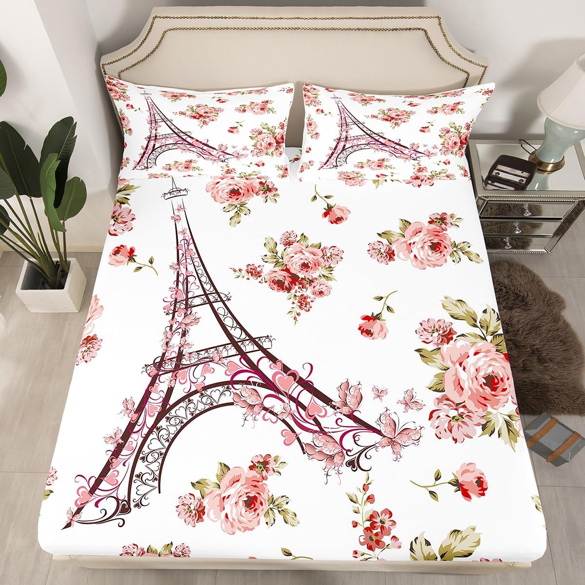 Paris Eiffel Tower Bedding Set for Boys Girls Pink Rose Flowers Fitted Sheet Full Size Romantic Theme Bed Sheets for Women Teens French Style Sweet Couple Bed Set 3 Pcs with 2 Pillowcases