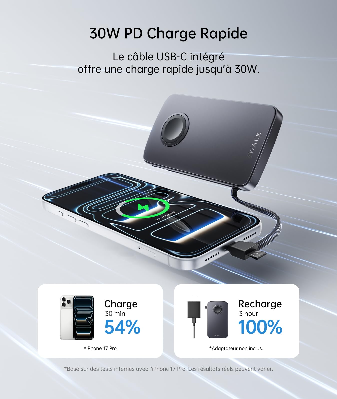 iWALK Batterie Externe 10000mAh pour Apple Watch & iPhone,Gris | USB-C Câble, Charge Rapide PD 30W, 5W pour Apple Watch, LED Display, Design Aluminium Premium,