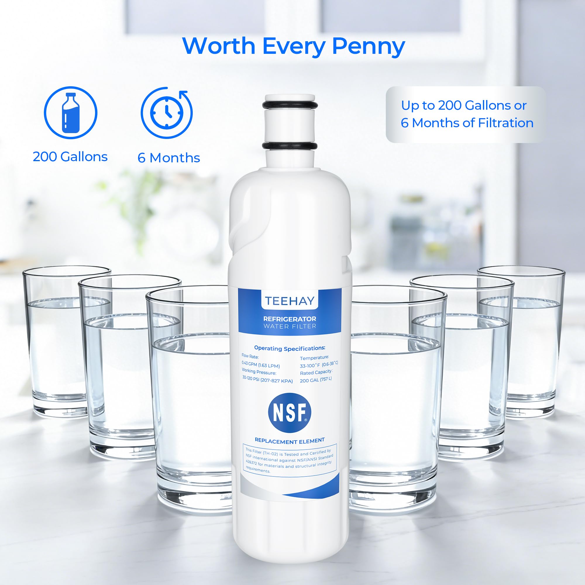 TEEHAY W10413645A Water Filter 2 Replacement, Compatible with Everydrop Filter 2, EDR2RXD1, Whirlpool WHR2RXD1, P9KB2L, P9RFKB2L, Whirlpool WRX986SIHZ, WRF757SDHZ, WRF767SDHZ, WRF736SDAM, 3 Pack - 5