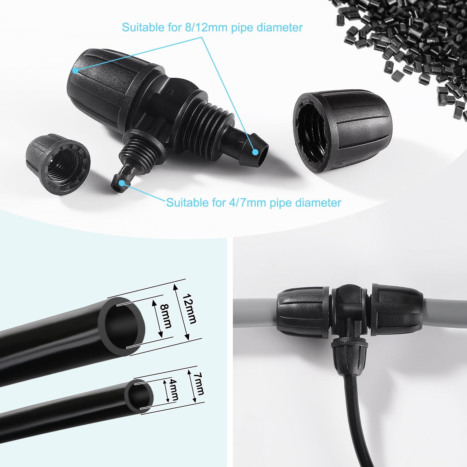 VooGenzek 10-Piece Barbed Tee Connector for Drip Irrigation 3-Way Anti-Drop 8/12 mm to 4/7 mm, Plastic - Image 3