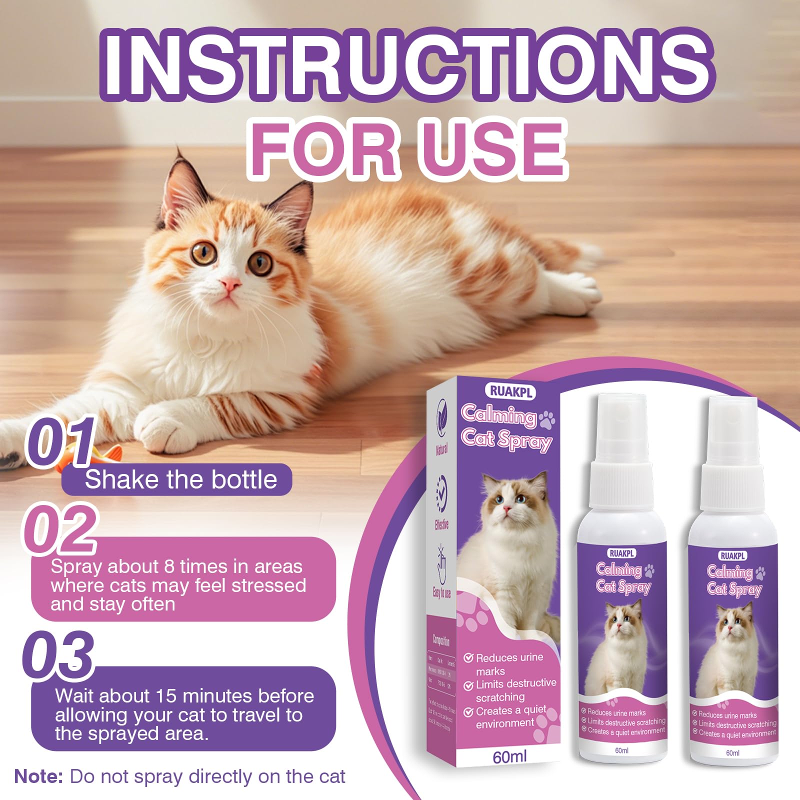 Cat Calming Spray 60 ML 2 Pack Calming Solution for Cats Cat Pheromone Spray Reduces Stress Anxiety Scratching Calming Spray for Cats Good for Home Travel Cat Pheromones Calming Spray - image 6
