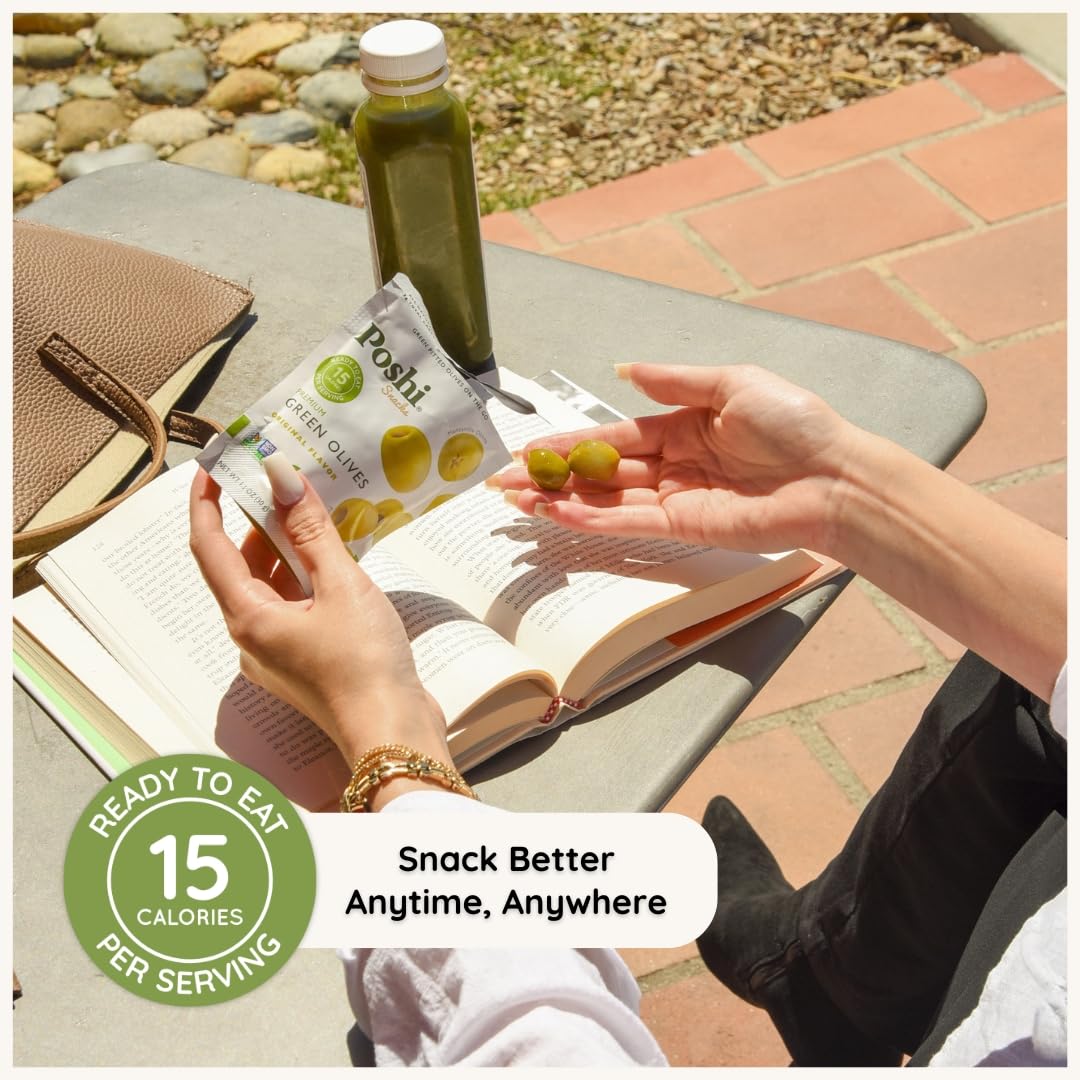 Poshi Green Olives On-The-Go - Original Flavor - Single Serve Pitted Olives - Convenient and Healthy Snack Packs - All Natural, Non-GMO, Kosher, Gluten-Free - 1.1 Oz Bags (30/Pack)