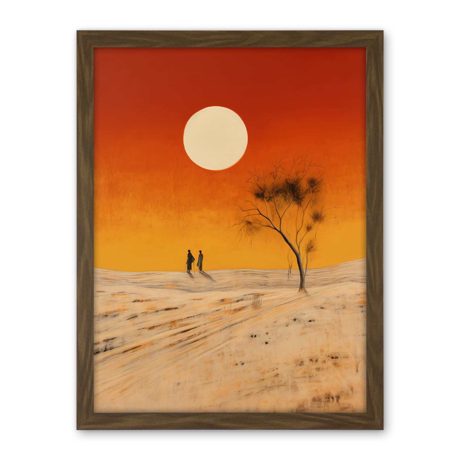 Artery8 Desert Landscape Sunset Sun Oil Painting Amber Orange Yellow Windswept Dunes Artwork Framed Wall Art Print 18X24 Inch