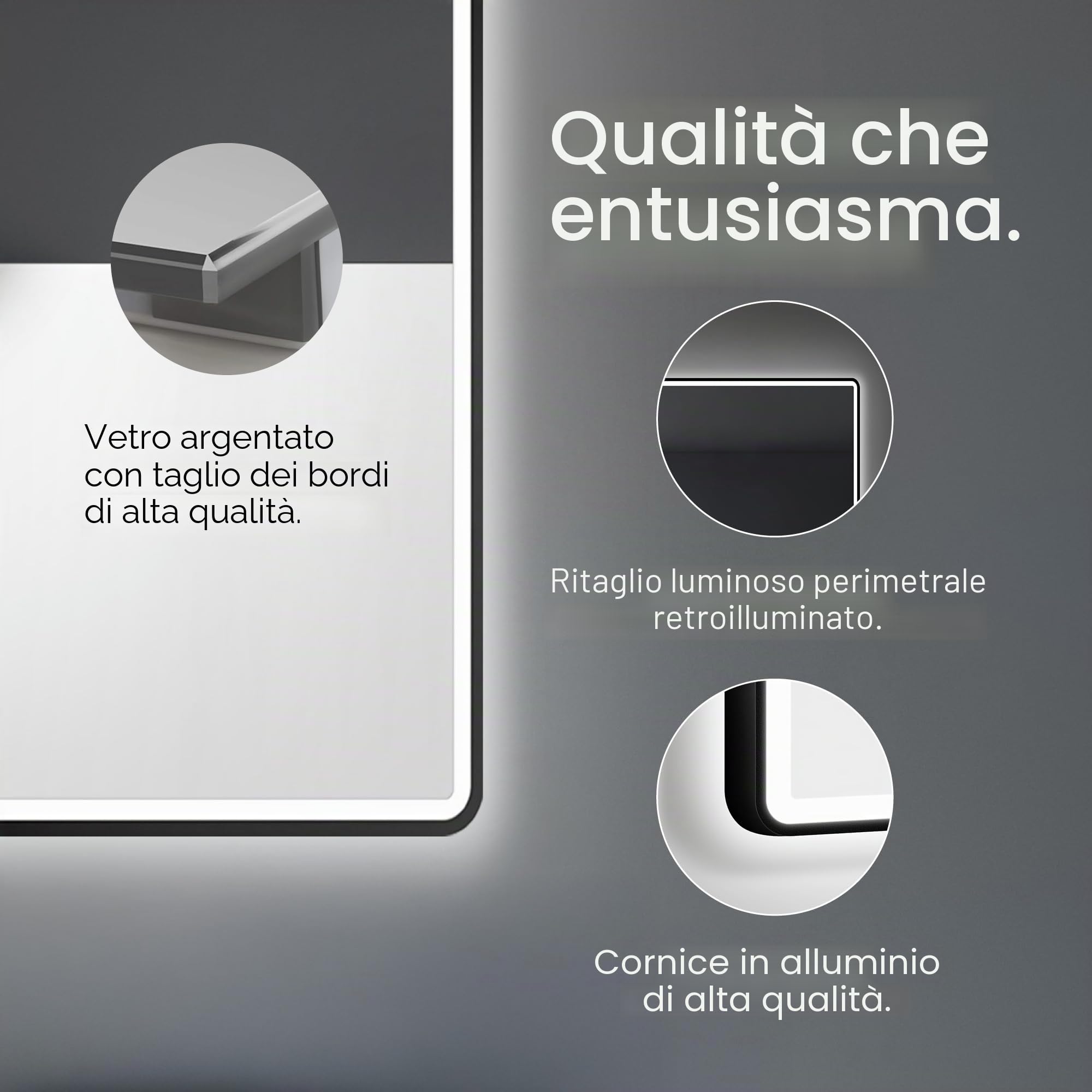 Talos Specchio da bagno a LED, 80 x 60 cm, adatto per ambienti umidi, con illuminazione opaca, cornice in alluminio nero