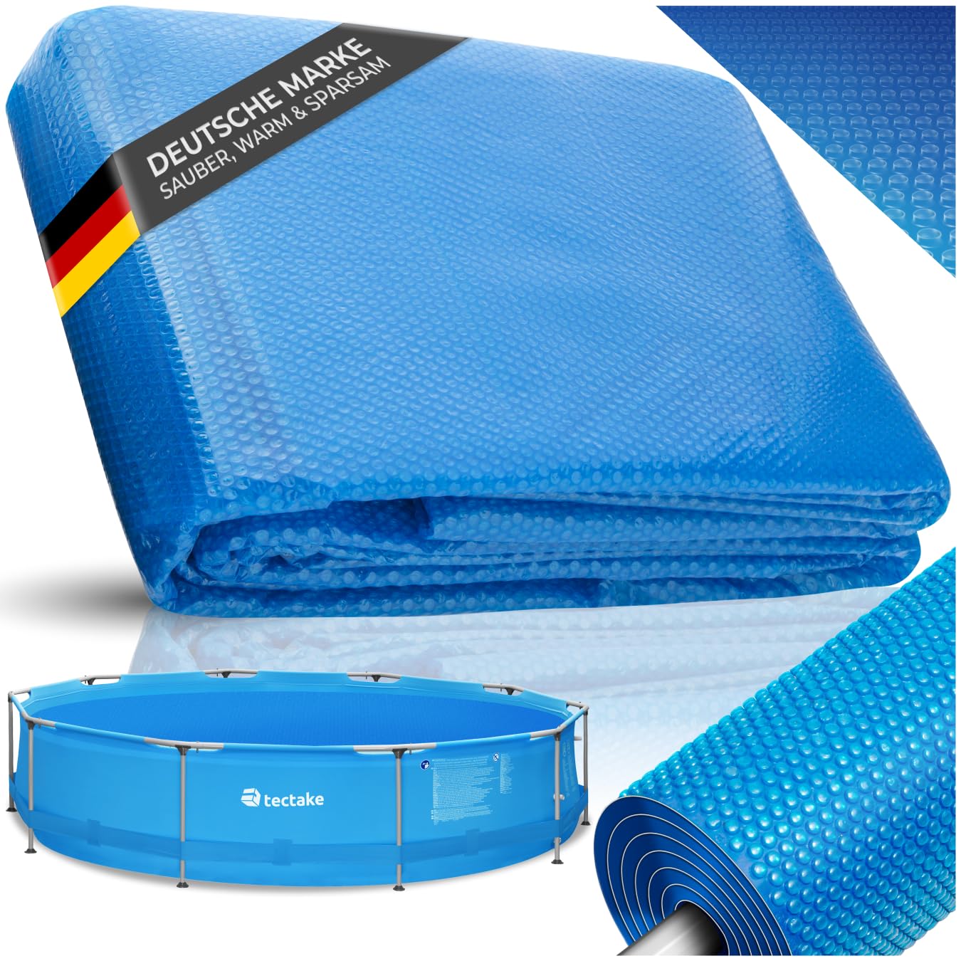 tectake® Poolabdeckung rund, Solarplane Pool, Poolplane rund, Poolzubehör Abdeckplane für Aufstellpool, Pool Garten, Schwimmbecken, Pool Abdeckung mit Noppenfolie als Solar Poolheizung - Ø 488 cm
