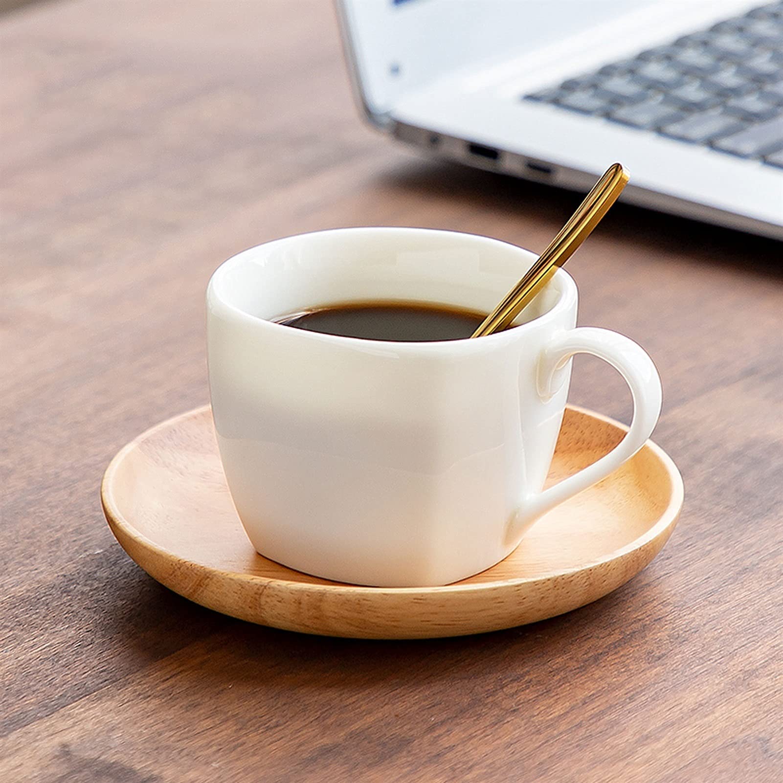 6,8 Once di Porcellana Bianca da caffè con piattino in Legno e Cucchiaio Dorato, Tazza in Ceramica, Tazza da Latte per tè e caffè