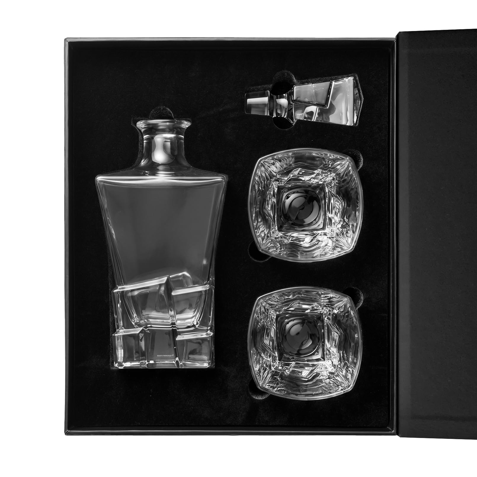 Glasmark Krosno 1992 Decantador con Vasos 3 piezas para Whisky y Licores - Decantador de Vidrio 850 ml y 2 Vasos 240 ml - en Caja de Regalo Negra - Diseño con Carácter