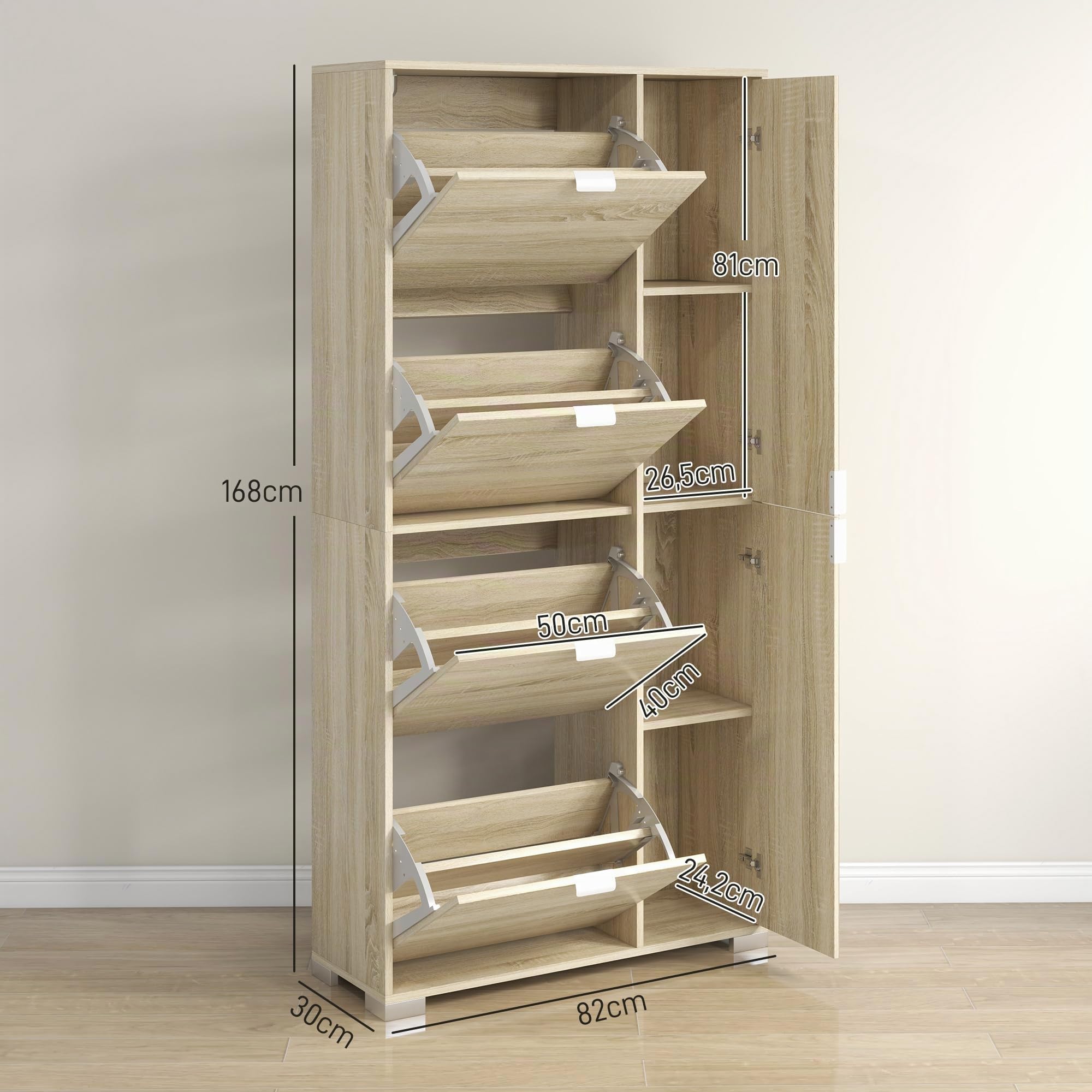 HOMCOM - Mueble para zapatos, con 2 armarios, 4 tapas y fachadas Espejo, estantes ajustables para 16 pares de zapatos, roble