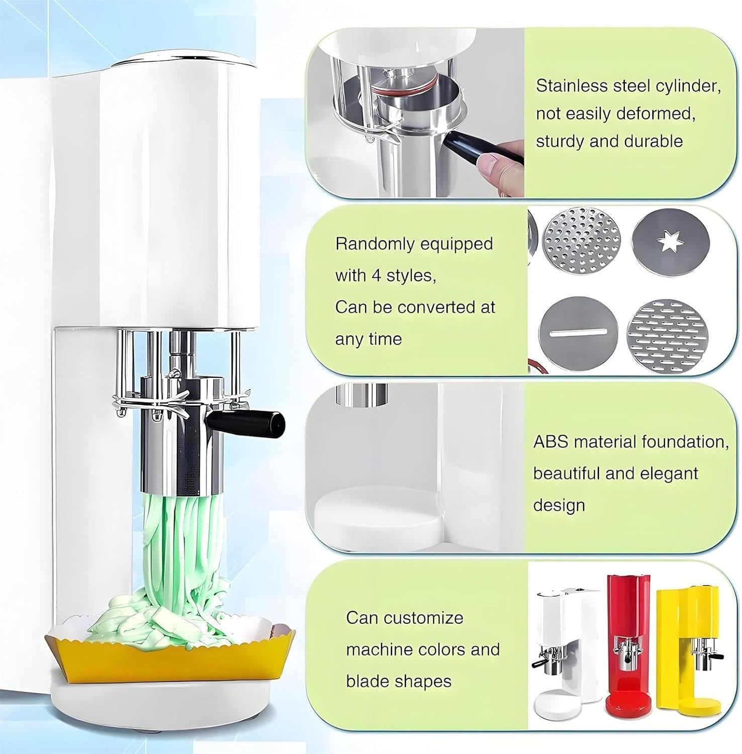 Kommerzielle Spaghetti-EIS Presse, Eiscreme Maschine Klein Mit 4 Aufsätzen, 30l/H Ausstoß, Softeismaschine Für Zuhause Gastronomie, Ice Cream Maker Für Dessert Buffet Catering Events White