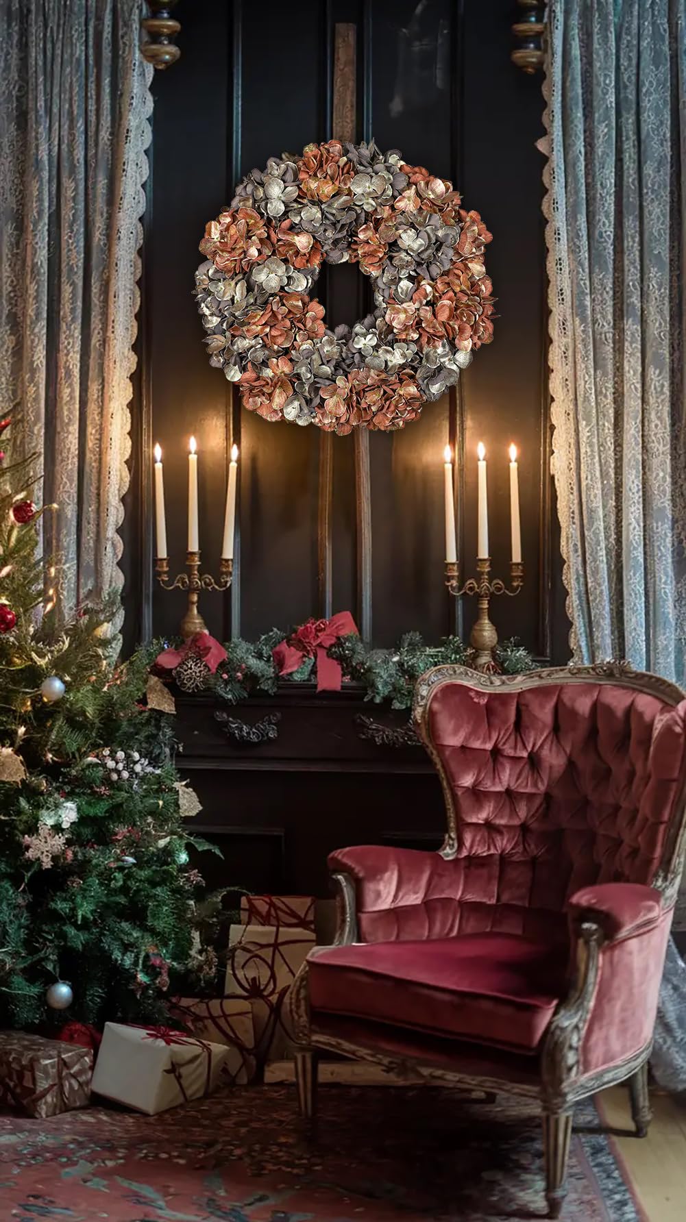 60cm Künstlich Hortensien Weihnachtskranz Deko Türkranz Kunstkranz Künstlich Türkranz für Weihnachten Künstlicher Adventskranz für Haustür, Hauswandbehang oder Weihnachtsdekoration, Winterschmuck