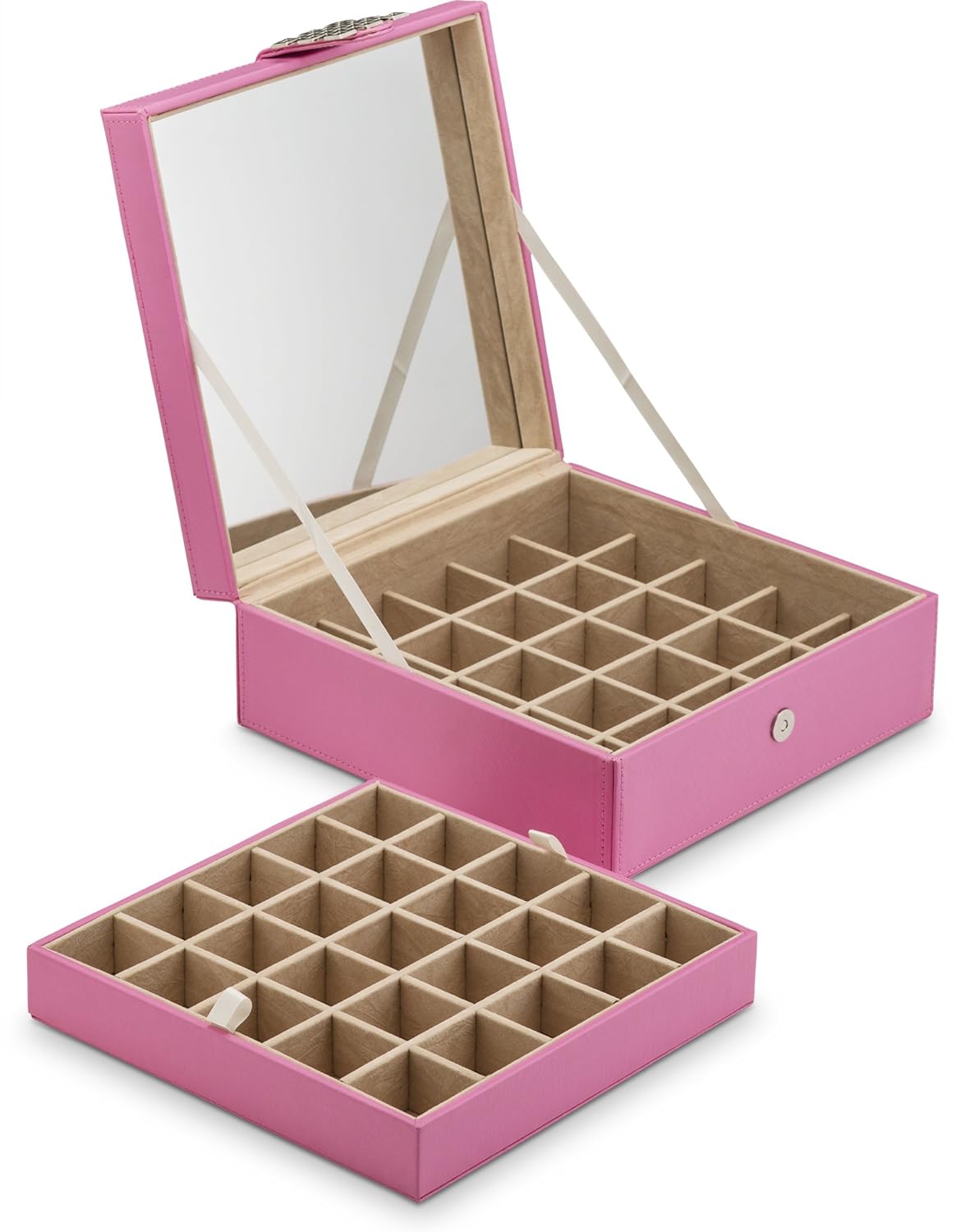 Glenor Co Earring Organizer - Classic 50 Section Jewelry Box/Case/Holder for Earrings, Rings, Necklaces, Jewelry, Cufflinks or Collections -2 Layer Small Compartments with Large Mirror - Pink