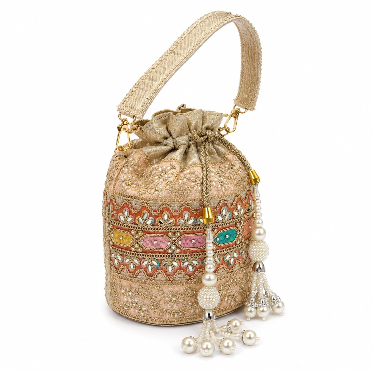 Multicolour Round Potli Purse for Women, Silk Potli Bags with Pearl Tassel Embellishment, Bridal Potli Purse, Ethnic Indian Potli Handbags, Designer Batwa Bag for Wedding & Bride-image-15
