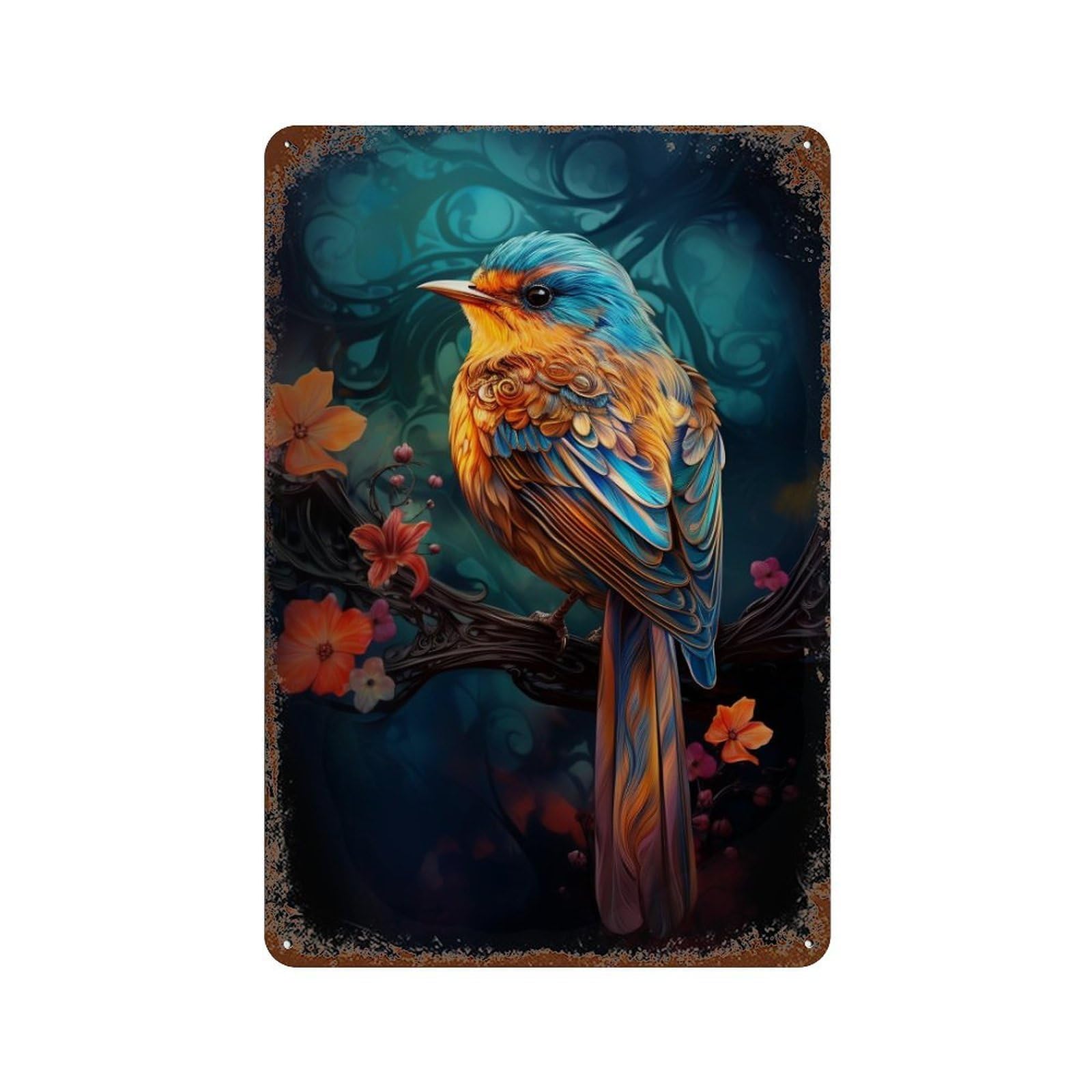 Colorful Fantasy Bird Art 11.8"x7.9" Weathered Tin Sign, Shabby Chic Decor for Farmhouse, Kitchen And Entryway Decor