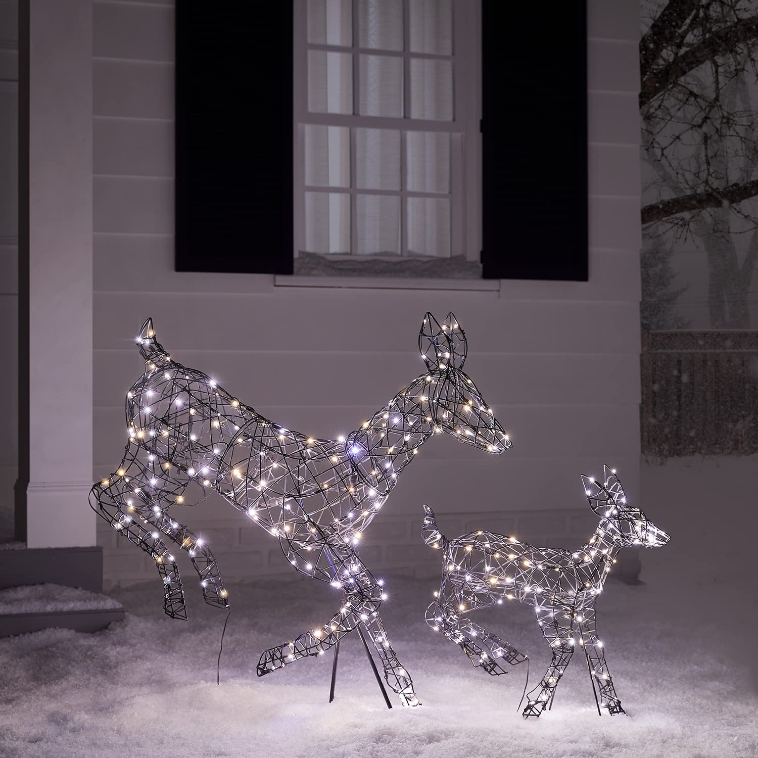 Lights4fun Harlow LED Rattan Rentier Figuren Mutter und Kind | Fernbedienung Timer | Solarbetrieben | Weihnachtsbeleuchtung Außen Weihnachtsfigur | 102 cm & 60 cm
