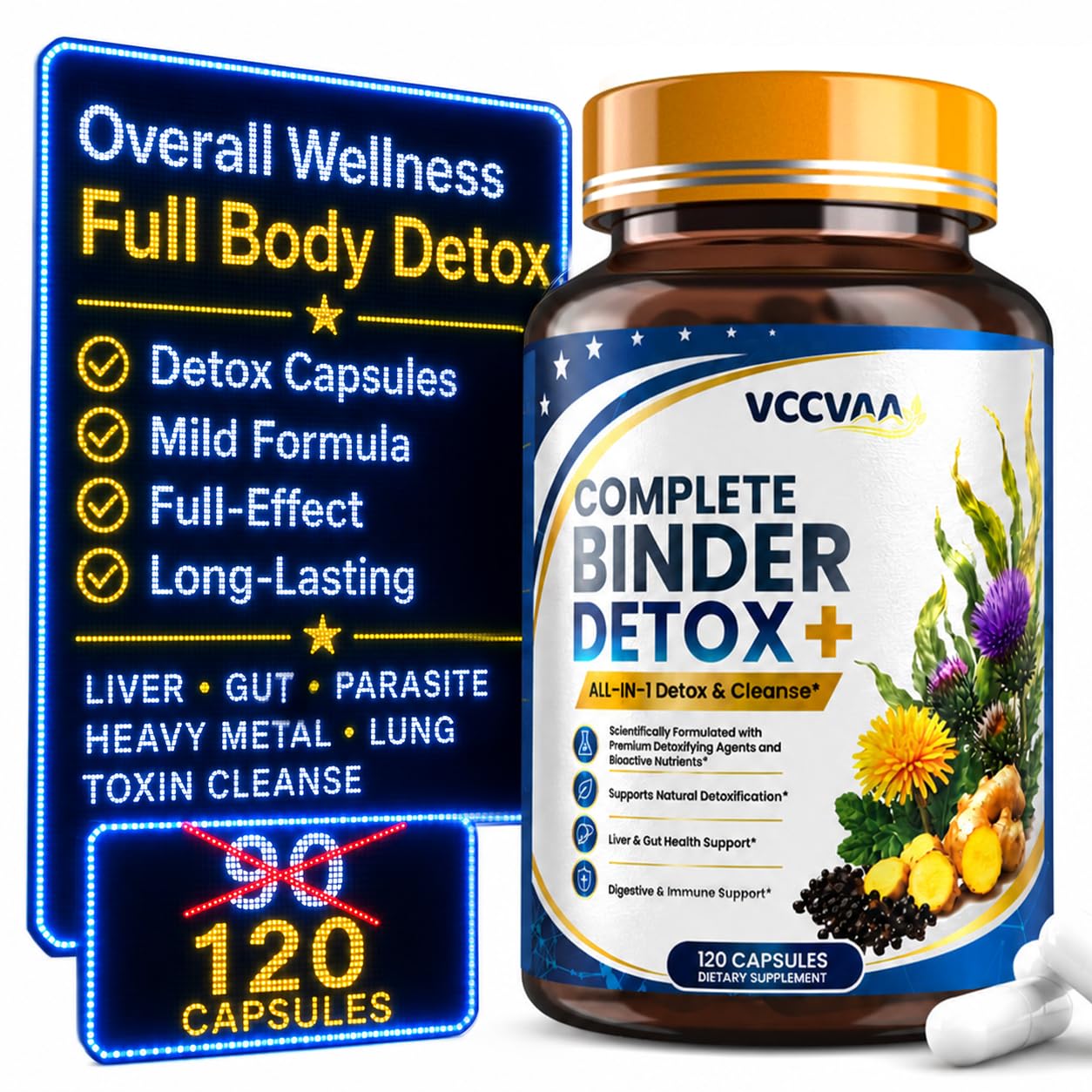 Metal Detox & Full Body Cleanse Pills - GI, Parasite & Zeolite Detox, Activated Charcoal, Bentonite Clay, 5 Billion CFU Women Probiotics, NAC, Turmeric, Liver Support, 120 Vegan Capsules-2pack