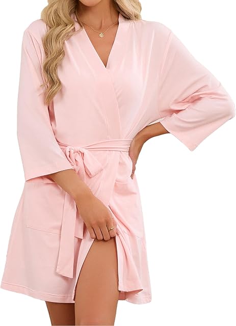 U2SKIIN Femmes Tencel Coton Kimono Robe, Peignoir court doux léger, V-col Spa Loungewear avec poches